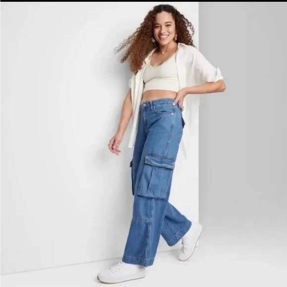 wild fable Blue Wide-Leg Cargo Jeans - Picture 2 of 8
